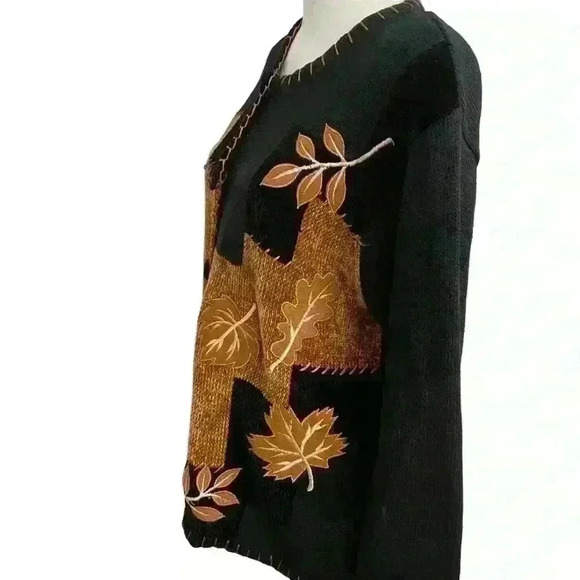 Vintage 80s Victoria Harbour Sweater Size M  Leaf Patchwork Print Black Fall - Picture 4 of 13